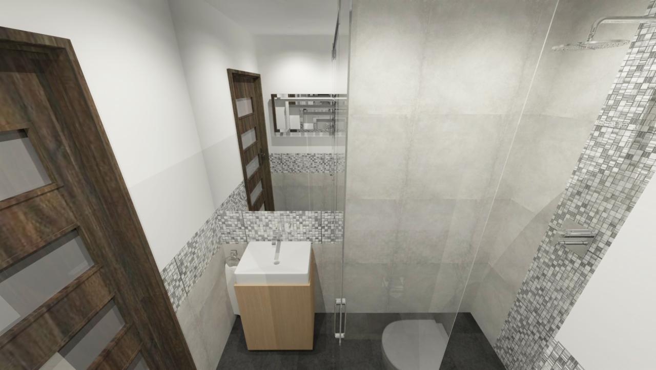Wizualizacja łazienki z kabiną prysznicową typu walk-in, umywalką nablatową na drewnianej szafce i mozaiką na ścianie. Widoczna drewniana rama drzwi z przeszkleniami.