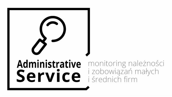 Logo firmy Administrative Service z ikoną lupy, oferującej nadzór należności i zobowiązań dla małych i średnich firm.