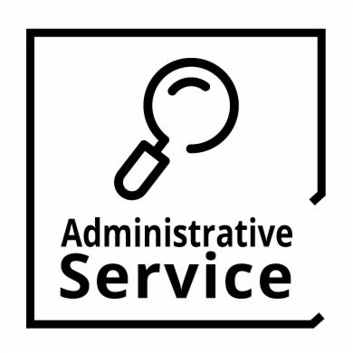 Czarno-białe logo przedstawiające lupę nad napisem 'Administrative Service' w kwadratowej ramce z przerwami w rogach.