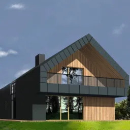 Wizualizacja nowoczesnego domu jednorodzinnego z dwuspadowym dachem, balkonem i elewacją z drewna oraz szarej blachy, na tle błękitnego nieba z chmurami.