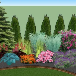 Wizualizacja ogrodu z różnorodną roślinnością: iglaki, krzewy kwitnące (różowe, fioletowe, pomarańczowe), trawy ozdobne. Kompozycja rabat oddzielona obrzeżem od trawnika. W tle rząd strzyżonych drzew.