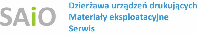 Logo firmy SAiO oferującej dzierżawę urządzeń drukujących, materiały eksploatacyjne i serwis, z szarym napisem SAiO i zielonym elementem graficznym.