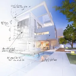 Wizualizacja 3D nowoczesnego domu z naniesionymi odręcznymi szkicami technicznymi i wymiarami, prezentująca koncepcję projektu architektonicznego z jasnym otoczeniem i elementami krajobrazu.