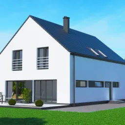 Wizualizacja dwukondygnacyjnego domu z dwuspadowym dachem, białymi ścianami i numerem 60 nad wejściem, otoczonego zielenią i elementami małej architektury.