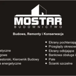 Wizytówka firmy Mostar Budownictwo oferującej budowę, remonty i konserwację, z wyszczególnionymi usługami takimi jak mosty, przepusty, ekrany akustyczne i bariery drogowe.
