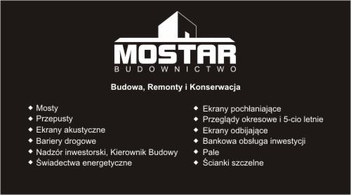Wizytówka firmy Mostar Budownictwo oferującej budowę, remonty i konserwację, z wyszczególnionymi usługami takimi jak mosty, przepusty, ekrany akustyczne i bariery drogowe.