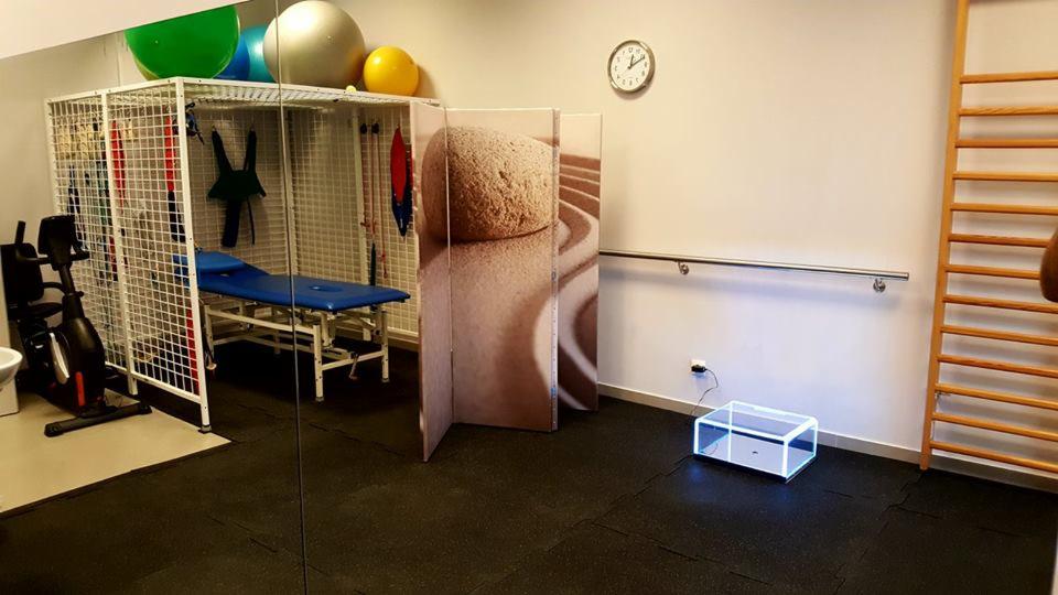 Gabinet rehabilitacyjny z łóżkiem do masażu, drabinką gimnastyczną, piłkami i parawanem z motywem kamienia zen.