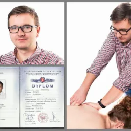 Kolaż: portret mężczyzny w okularach, dyplom ukończenia studiów na kierunku fizjoterapia Uniwersytetu Medycznego w Gdańsku, terapeuta manualny podczas masażu pacjentki.