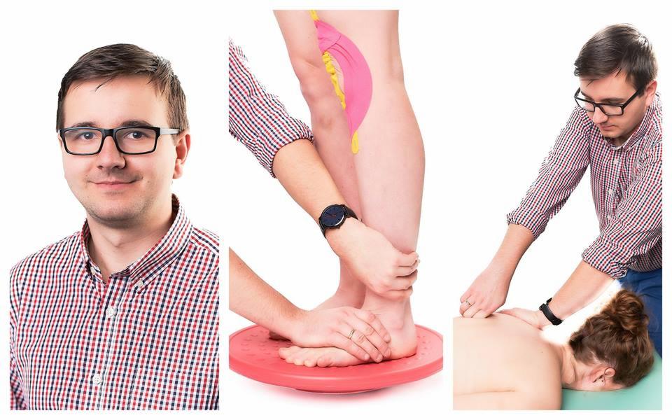 Kolaż trzech ujęć: portret mężczyzny w okularach, noga z aplikacją kinesiotaping na czerwonej platformie balansującej, oraz masaż pleców pacjentki wykonywany przez terapeutę.