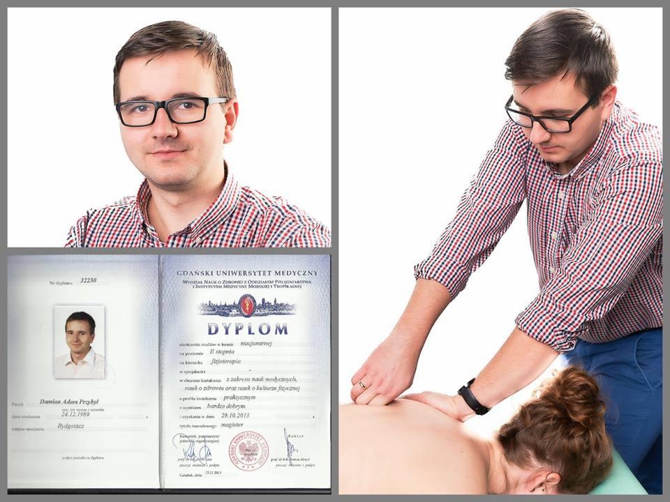 Kolaż: portret mężczyzny w okularach, dyplom ukończenia studiów na kierunku fizjoterapia Uniwersytetu Medycznego w Gdańsku, terapeuta manualny podczas masażu pacjentki.