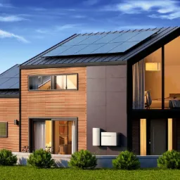 Nowoczesny dom jednorodzinny z panelami słonecznymi na dachu i pompą ciepła zamontowaną na elewacji, widok z przodu, błękitne niebo w tle.