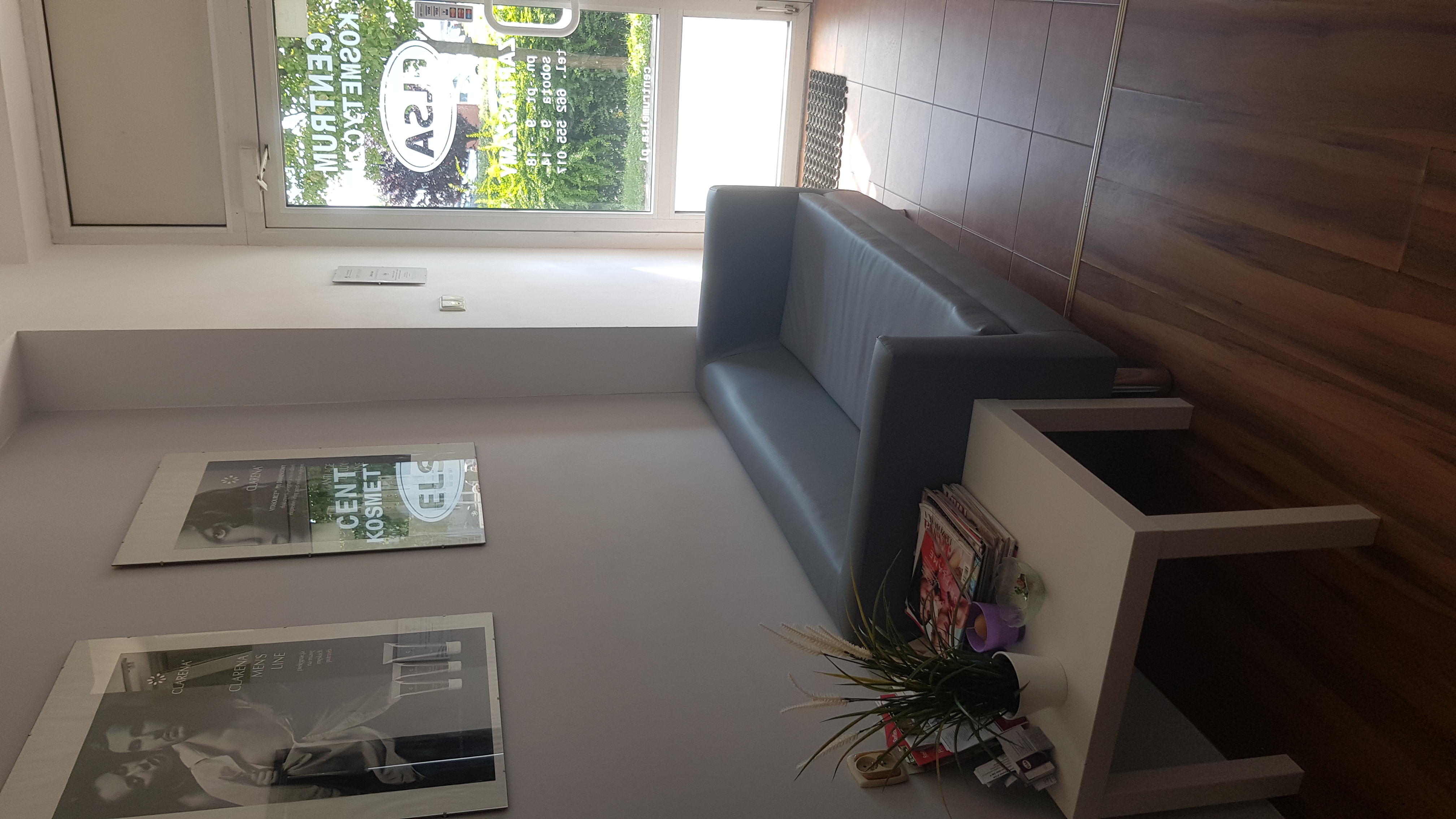 Poczekalnia salonu kosmetycznego z szarą sofą, białym stolikiem, magazynami i rośliną doniczkową, na ścianie wiszą plakaty reklamowe kosmetyków Clarena i logo salonu ELSA.