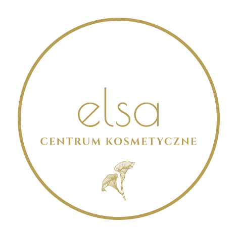 Złote logo 'elsa Centrum Kosmetyczne' w okręgu, z subtelnym motywem kalii na białym tle.