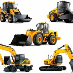 Kompilacja zdjęć żółtych maszyn budowlanych: koparko-ładowarki, walca drogowego i ładowarek kołowych na białym tle.
