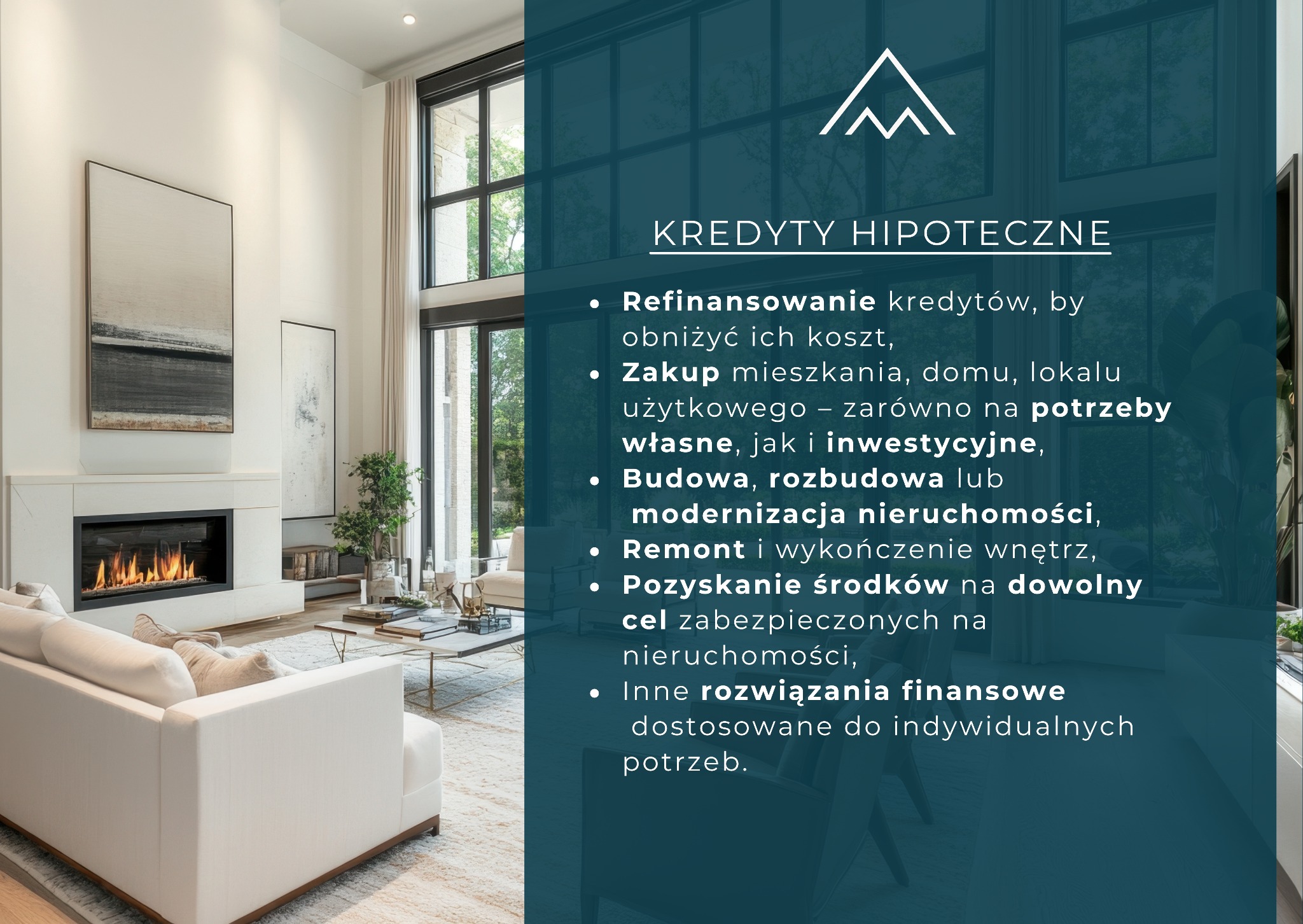 Eleganckie wnętrze salonu z kominkiem i tekstem o kredytach hipotecznych. Nowoczesny design, jasne kolory, duży obraz na ścianie. Promocja usług finansowych.