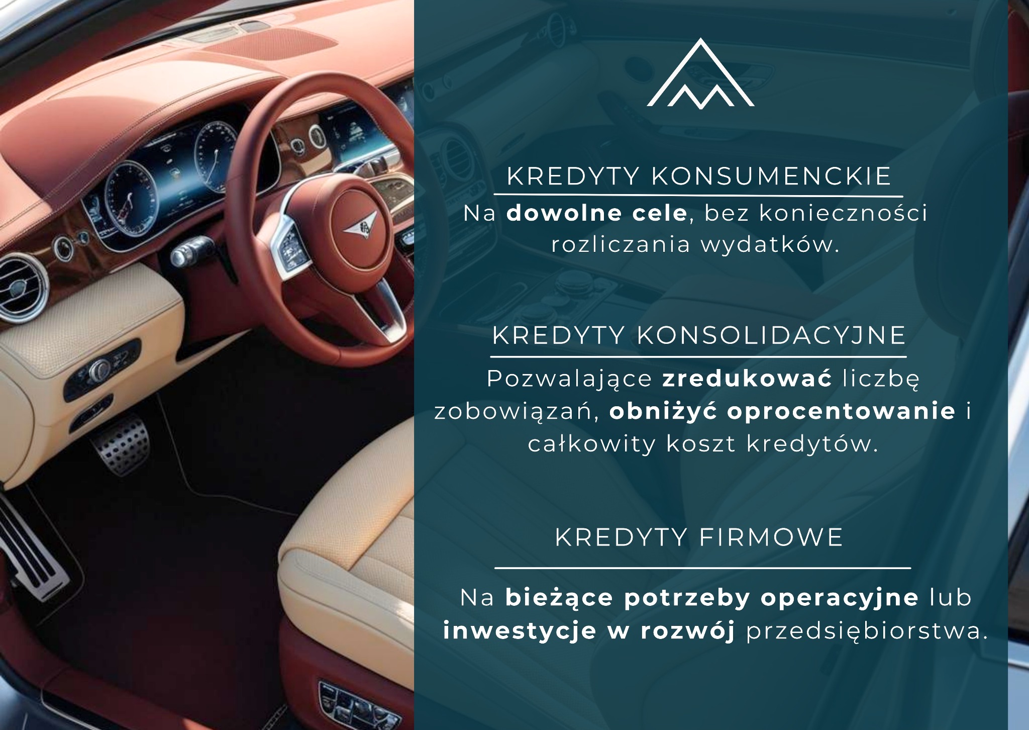 Luksusowe wnętrze auta z informacją o kredytach: konsumenckim, konsolidacyjnym i firmowym. Elementy deski rozdzielczej w odcieniach brązu i beżu.