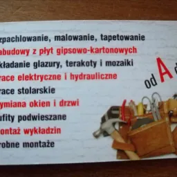 Wizytówka firmy oferującej szeroki zakres usług remontowo-budowlanych: szpachlowanie, malowanie, zabudowy z płyt gipsowo-kartonowych, układanie glazury, prace elektryczne i hydrauliczne, stolarskie...