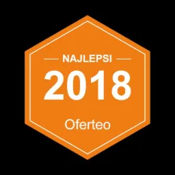 Pomarańczowa odznaka Oferteo 'Najlepsi 2018' z białym obramowaniem na czarnym tle.