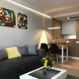 Nowoczesne wnętrze salonu z aneksem kuchennym w Świnoujściu. Szara sofa z kolorowymi poduszkami, obrazy na ścianie, drewniane wykończenie aneksu kuchennego.