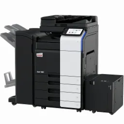 Czarno-biała kserokopiarka wielkoformatowa Develop Ineo+ 250i z podajnikami papieru, widok z boku na białym tle.