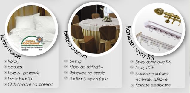 Grafika prezentująca ofertę sklepu z tekstyliami: kołdry i pościele, bielizna stołowa oraz karnisze i szyny KS.