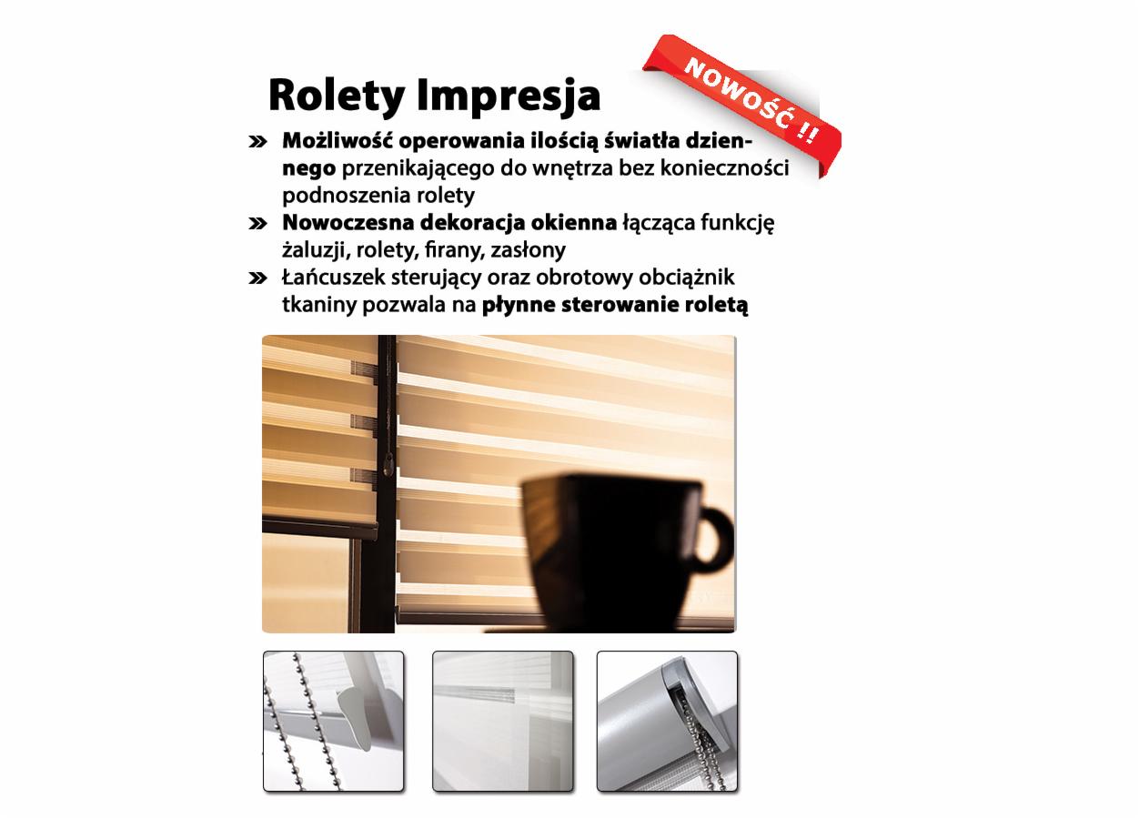 Reklama produktu: roleta dzień-noc IMPRESJA CLASSY z możliwością regulacji światła, widoczne detale mechanizmu sterującego i zbliżenie na tkaninę w paski.