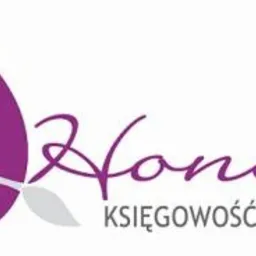 Logo firmy Honest Księgowość i Podatki z motywem motyla w kolorze fioletowym i szarym.