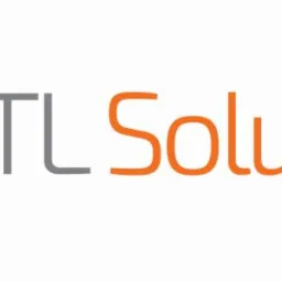 Logo firmy TL Solution z geometrycznym symbolem w kolorach pomarańczowym i szarym.