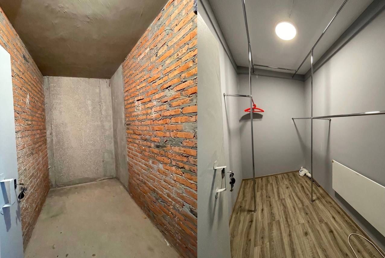 Porównanie stanu surowego i wykończonego małego pomieszczenia: ściany z surowej cegły i szary betonowy sufit kontra szare ściany, panele podłogowe i metalowe rurki do wieszania ubrań z jednym...