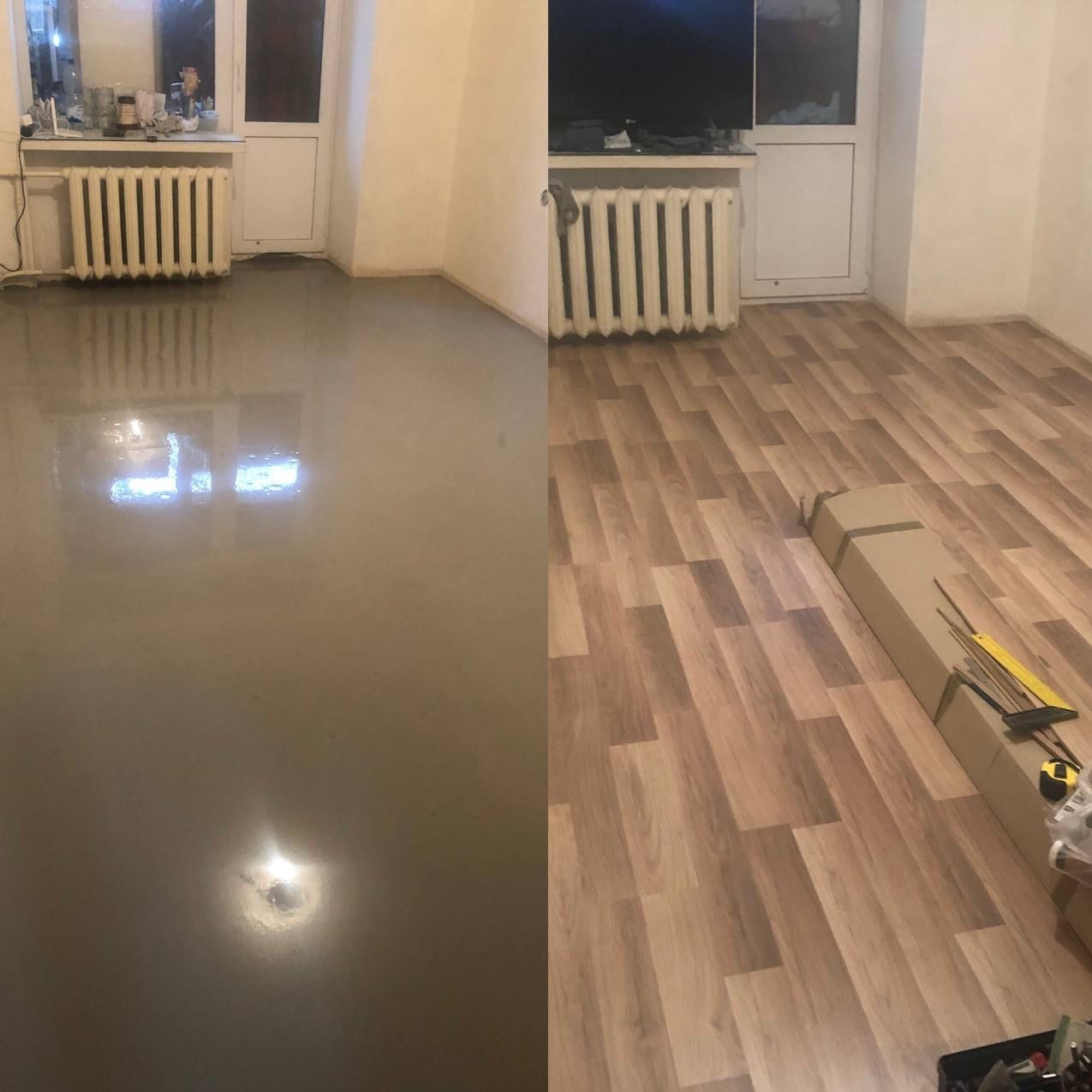 Porównanie: wylewka samopoziomująca na podłodze w pokoju obok paneli podłogowych w trakcie montażu, widoczne narzędzia i karton z panelami.