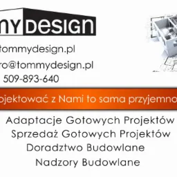 Wizytówka firmy projektowej Tommy Design z logo, danymi kontaktowymi, hasłem reklamowym i wizualizacją 3D projektu domu na planach architektonicznych.