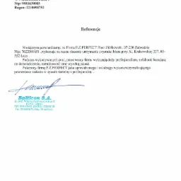 Skan referencji dla firmy P.Z.PERFECT zajmującej się utrzymaniem czystości biura, wystawione przez Balticon S.A. z datą 11.03.2019, z podpisem i danymi kontaktowymi wystawcy.