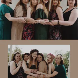 Dwa ujęcia grupy siedmiu kobiet w plenerze i w studio, wszystkie ubrane w sukienki i wianki na głowach, obejmujące się, z uśmiechami na twarzach, stylizowane na wiecz&oacute;r panieński.