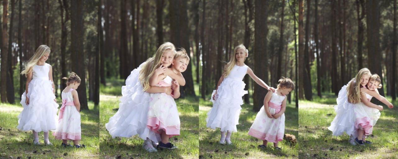 Dwie dziewczynki w sukienkach, starsza w białej, młodsza w białej z różowymi akcentami, pozują w leśnej scenerii, ujęcia z różnych perspektyw.