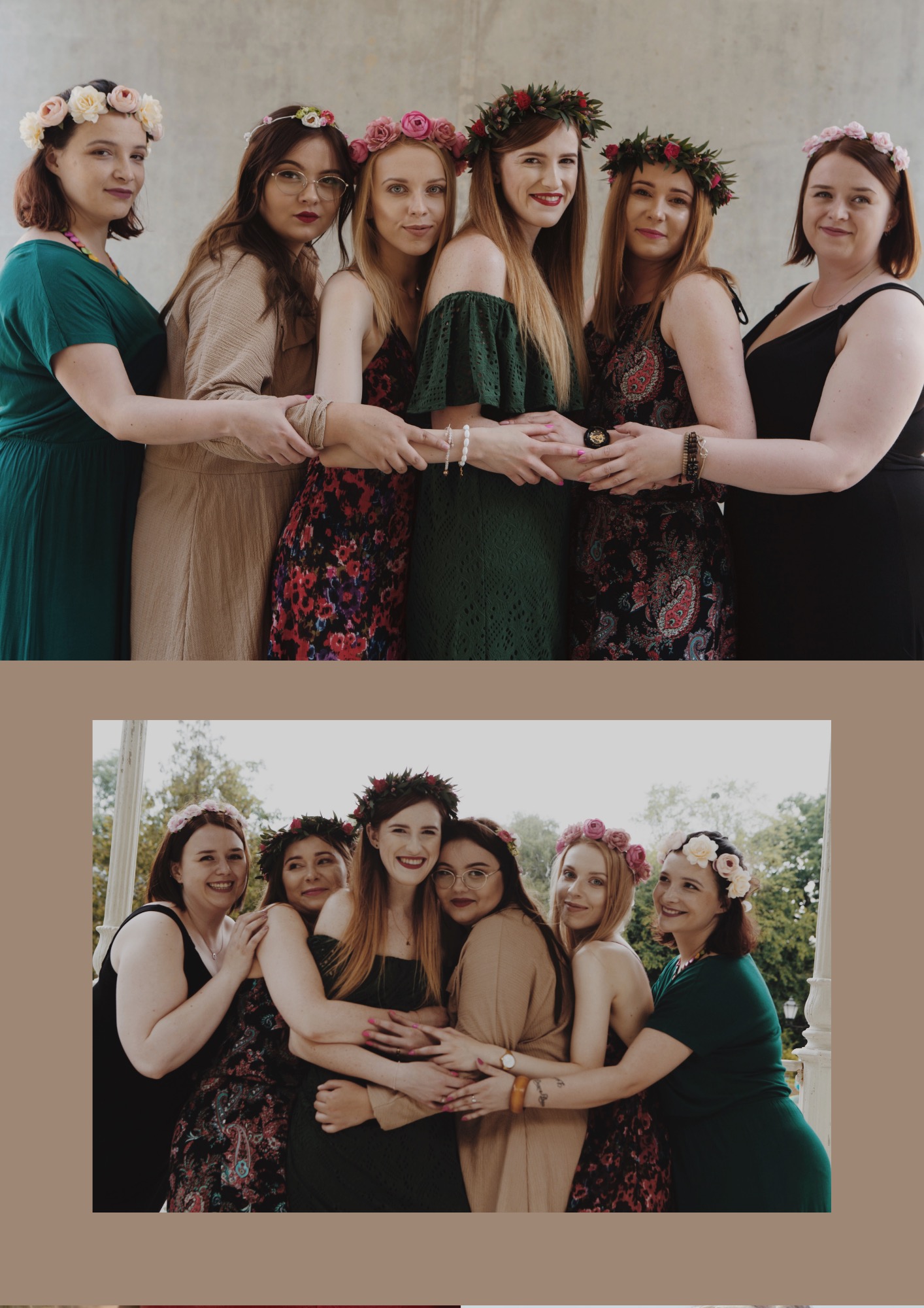 Dwa ujęcia grupy siedmiu kobiet w plenerze i w studio, wszystkie ubrane w sukienki i wianki na głowach, obejmujące się, z uśmiechami na twarzach, stylizowane na wieczór panieński.
