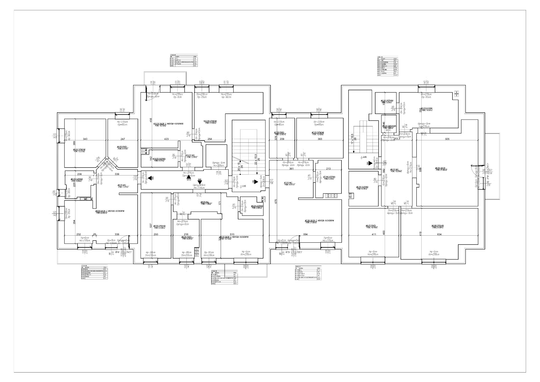 Szczegółowy plan architektoniczny kondygnacji budynku z wymiarami pomieszczeń, oznaczeniami wysokości i opisami funkcji, przedstawiony w czarno-białej grafice technicznej.