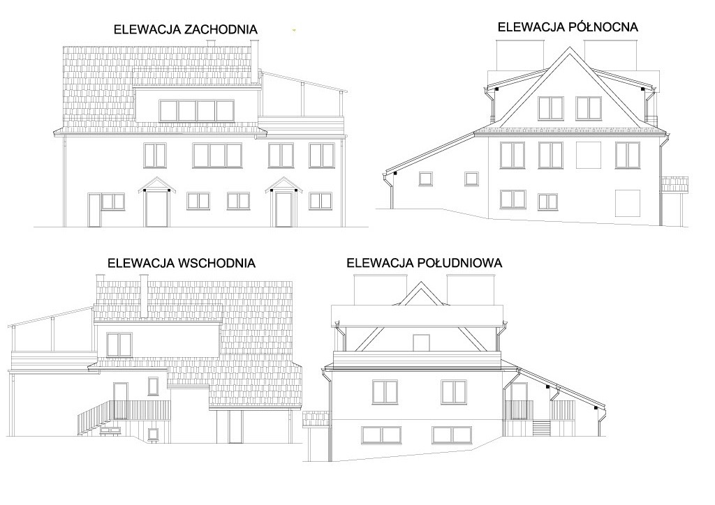 Rzut elewacji domu jednorodzinnego: zachodniej, północnej, wschodniej i południowej. Schemat techniczny z detalami architektonicznymi.