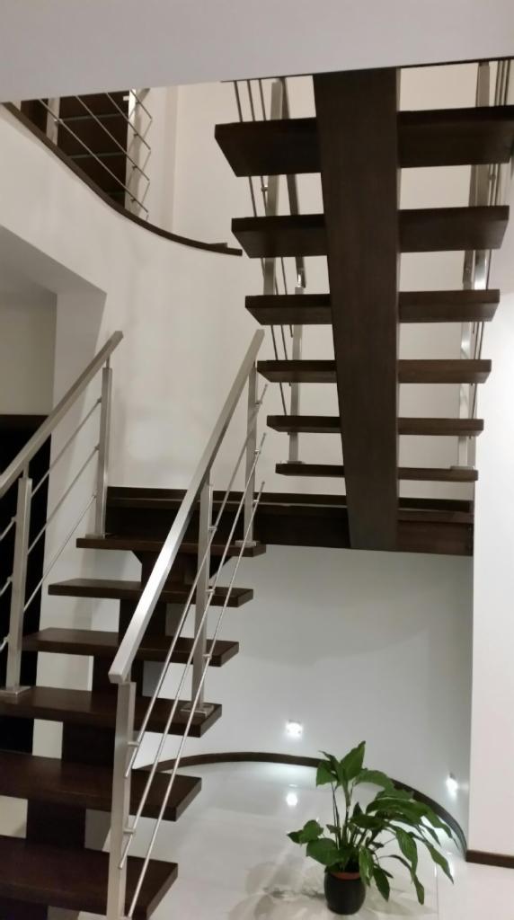 Nowoczesne schody z ciemnego drewna z metalową balustradą, widok z dołu, z rośliną doniczkową u podnóża.