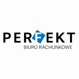 Logo firmy 'PERFEKT Biuro Rachunkowe' z niebieskim rombem w nazwie, zawierającym białą literę F.