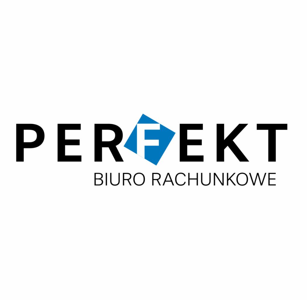 Logo firmy 'PERFEKT Biuro Rachunkowe' z niebieskim rombem w nazwie, zawierającym białą literę F.