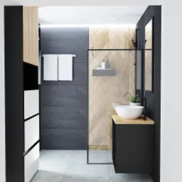 Wizualizacja nowoczesnej łazienki z umywalką nablatową, drewnianym blatem, czarnymi szafkami i panelami ściennymi w odcieniach szarości i drewna ułożonymi w jodełkę.