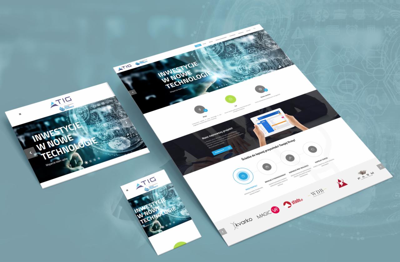 Prezentacja responsywnego projektu strony internetowej 'Inwestycje w nowe technologie' na różnych urządzeniach: desktop, tablet i smartfon, z widocznym logo ATIG.
