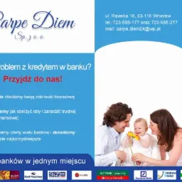Reklama firmy Carpe Diem z Wrocławia oferującej pomoc w uzyskaniu kredytu bankowego, przedstawiająca rodzinę z dzieckiem, obok logo banków i dane kontaktowe.