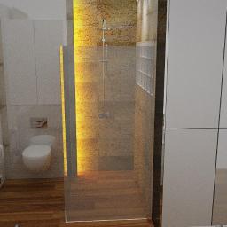 db-PRACOWNIA ARCHITEKTONICZNA architektura i aranżacje wnętrz - Wizualizacja łazienki z kabiną prysznicową typu walk-in, drewnianą podłogą i złotą mozaiką na ścianie prysznica.