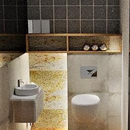 db-PRACOWNIA ARCHITEKTONICZNA architektura i aranżacje wnętrz - Nowoczesna łazienka z drewnianą podłogą, szarą umywalką nablatową, wiszącą toaletą i dekoracyjnymi kulami na półce pod ciemnymi płytkami.