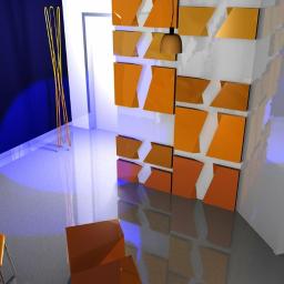 db-PRACOWNIA ARCHITEKTONICZNA architektura i aranżacje wnętrz - Wizualizacja wnętrza z dekoracyjną ścianą z pomarańczowych paneli, minimalistycznymi krzesłami i niebieskim oświetleniem akcentującym