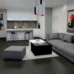 db-PRACOWNIA ARCHITEKTONICZNA architektura i aranżacje wnętrz - Nowoczesny salon z szarą sofą, stolikami kawowymi i minimalistyczną kuchnią w tle, oświetlony designerskimi lampami wiszącymi.