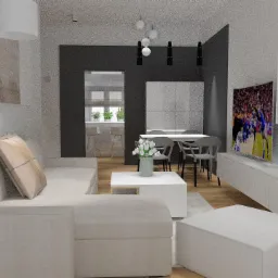 Wizualizacja salonu z narożną sofą, stolikiem kawowym z kwiatami, telewizorem i jadalnią w tle, utrzymana w szaro-białej kolorystyce.