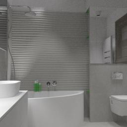 db-PRACOWNIA ARCHITEKTONICZNA architektura i aranżacje wnętrz - Nowoczesna łazienka w odcieniach szarości z umywalką nablatową, wanną z zaokrąglonym frontem, toaletą podwieszaną i dekoracyjnymi płytkami ściennymi z poziomymi falami.