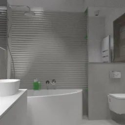 Nowoczesna łazienka w odcieniach szarości z umywalką nablatową, wanną z zaokrąglonym frontem, toaletą podwieszaną i dekoracyjnymi płytkami ściennymi z poziomymi falami.